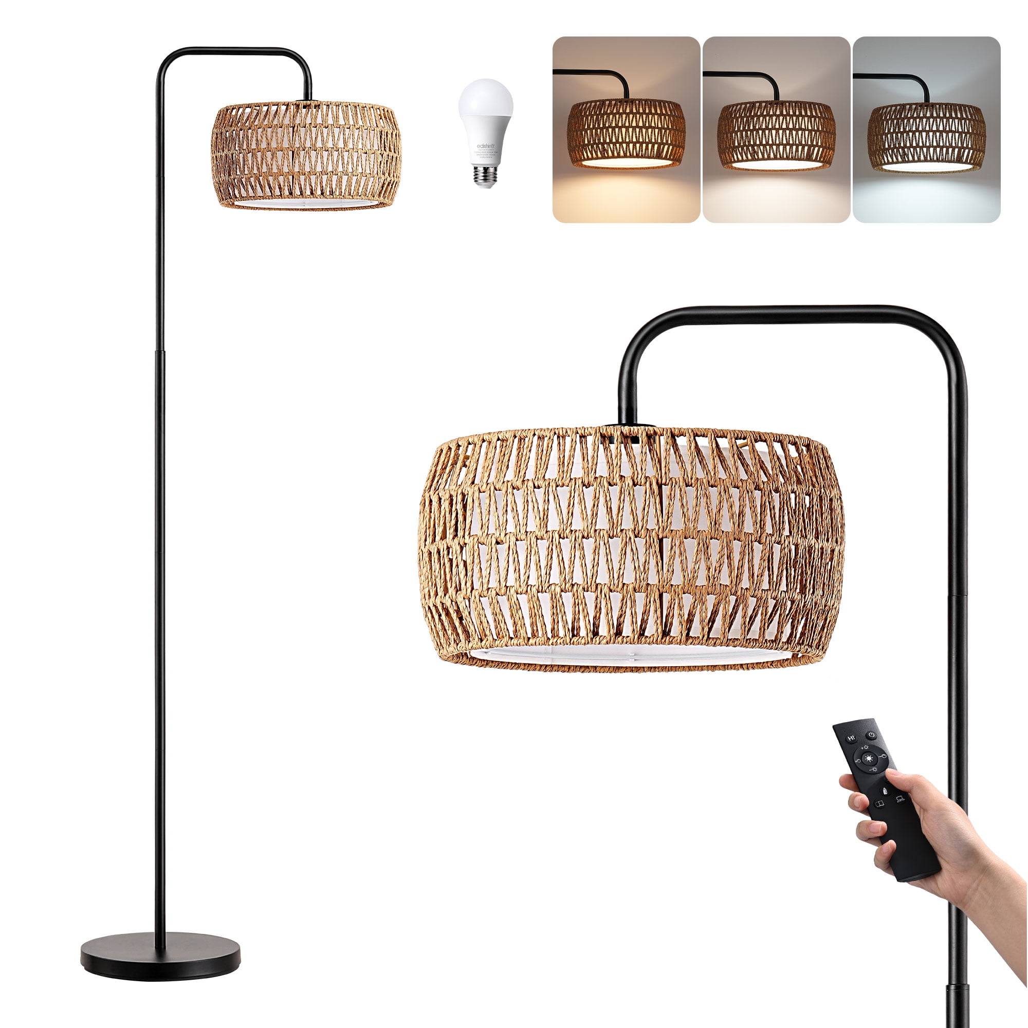 EDISHINE Rattan Arc Floor Lamps with Remote for Living Room, Dimmable ...