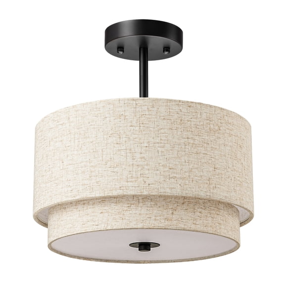 EDISHINE 12.6 Inch Semi Flush Mount Ceiling Light Fixture, Double Drum Shade, Modern Close to Ceiling Lamp,Black for Bedroom Hallway Dining Room Kitchen