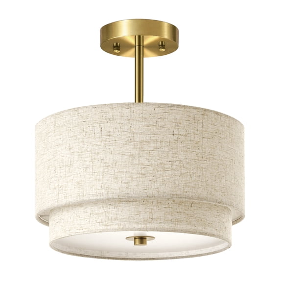 EDISHINE 12.6 Inch 3-Light Semi Flush Mount Ceiling Light, Double Drum Shade, Brushed Gold Modern Close to Ceiling Lamp for Bedroom Hallway Dining Room