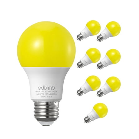 EDISHINE Yellow Bug Outdoor Light Bulbs LED Bulbs 60W Equivalent 2400K Amber Glow 9 Watt 600LM E26 Base Non-dimmable 8 Pack