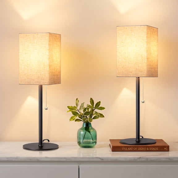 EDISHINE 19" Modern Table Lamp, Rectangular Lampshade, Set of 2, Pull Chain Switch, Nightstand Lamp for Living Room Bedroom