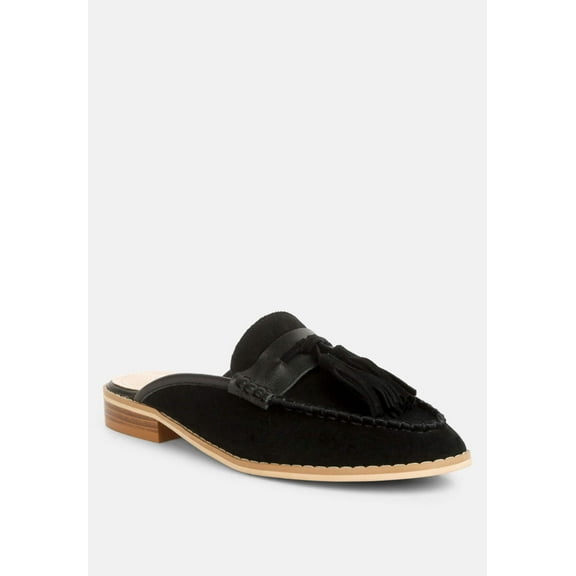 EDMANDA Tassle Detail Leather Mules in Black