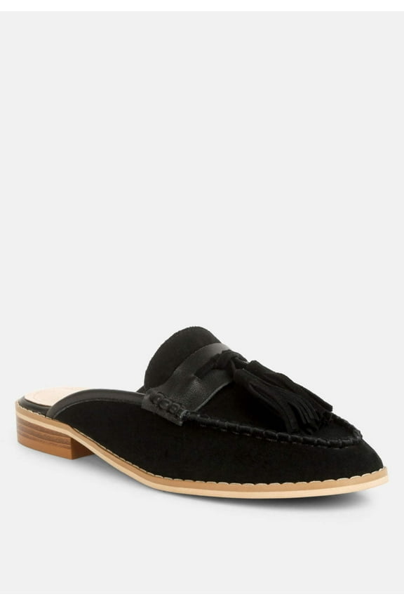 EDMANDA Tassle Detail Leather Mules in Black