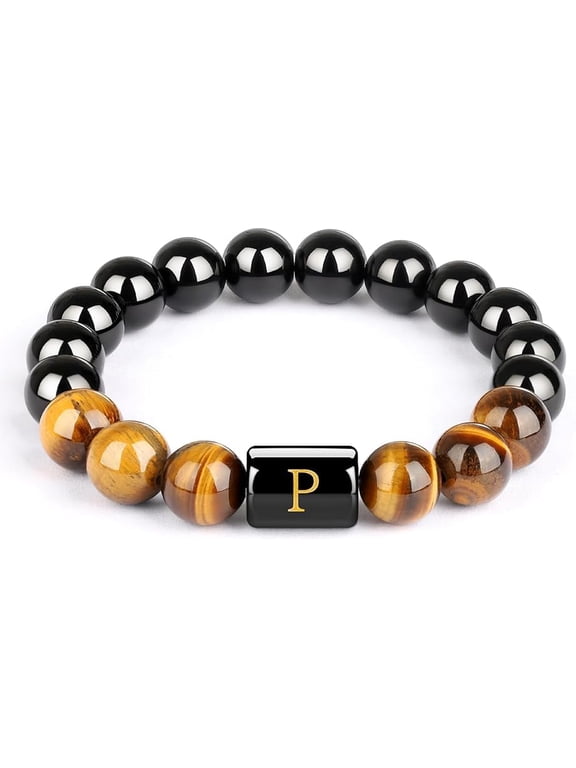 Initials Bracelets for Men Letter Link Handmade Natural Black Onyx Tiger Eye 10MM Stone Beads Braided Rope Meaningful Bracelet (P)