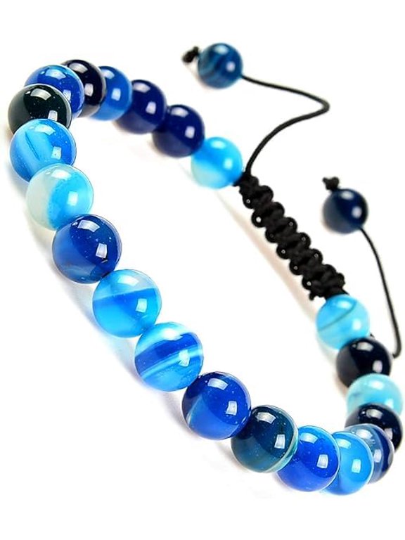 Natural Healing Power Gemstone Crystal Beads Unisex Adjustable Macrame Bracelets (Agate Blue)
