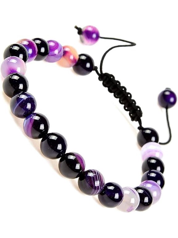 Natural Healing Power Gemstone Crystal Beads Unisex Adjustable Macrame Bracelets (Agate Purple)