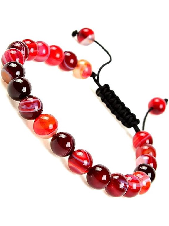 Natural Healing Power Gemstone Crystal Beads Unisex Adjustable Macrame Bracelets (Agate Red)