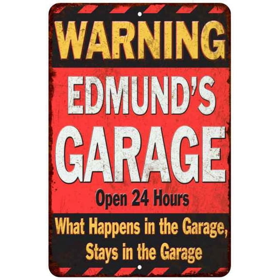EDMUND'S Garage Warning Man Cave Wall Decor 8 x 12 High Gloss Metal 208120030390