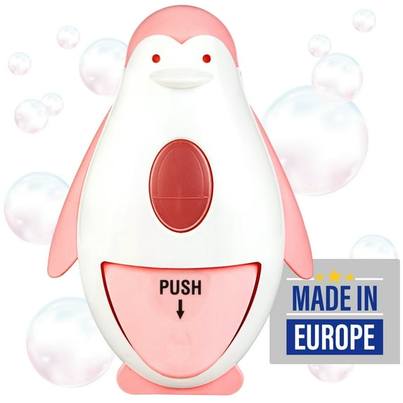 EDNA HOME Cute Penguin Soap Dispenser, Refillable Container with Pump For Kids, Children; Suitable for Bathroom, Toilet, Kitchen; Bottle for Soap, Body Wash, Shampoo, Lotion; Made in Europe; Pink