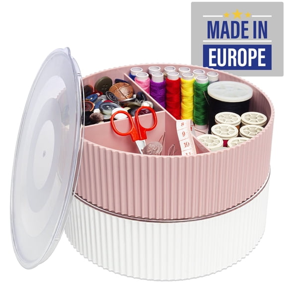 EDNA HOME Stackable Sewing Boxes, Set of 2 Plastic Caddy Organizers w/ Triple Slots & Lids, Divided Storage for Sewing, Craft & Art Supplies, Pink-White – Perfect Christmas Gift