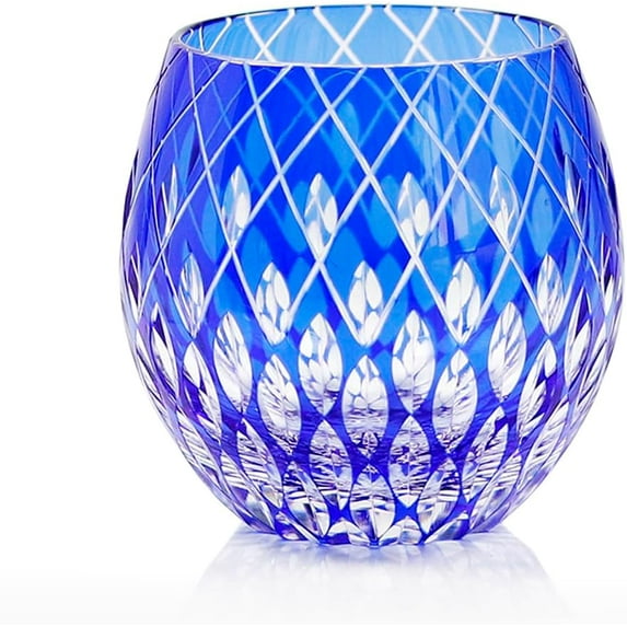 EDO Kiriko Whiskey Glasses 11OZ Unique Shape Colored Hand Carved Glass Tumbler for Bourbon Lovers - Style Glassware for Rum - Rocks glasses in Gift Box (Blue)