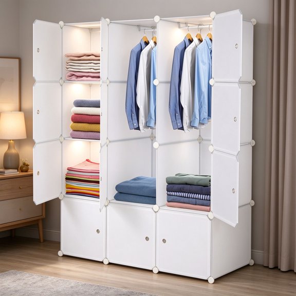EDOEMSE 12-Cube Stackable Plastic Cube Storage Organizer with Hanging Rod, White ABS Connectors PP Panels & Rust-Proof Steel Frame Modular Closet, 55.2" H