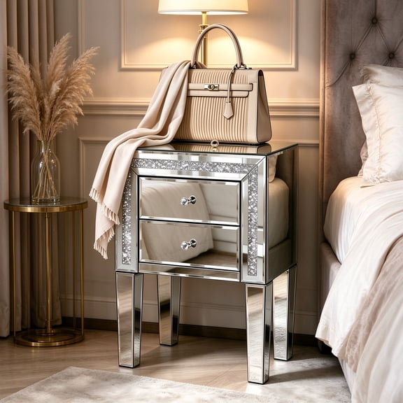 EDOEMSE 2-Drawer Mirrored Nightstand with Full Mirror Finish, Silver MDF Bedside Table with Smooth-Glide Drawers for Bedroom, 16.2" L x 13" W x 24.8" H