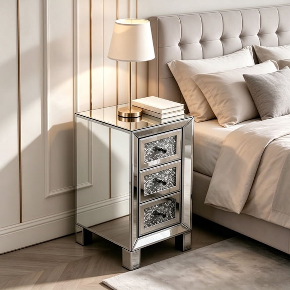 EDOEMSE 3-Drawer Nightstand with Crushed Diamond Drawer Fronts MDF Drawer Unit with Mirrored, Silver, MDF & Glass, Bedside Table, Crushed-Diamond Drawer Fronts, Mirrored Finish, 11.80" L x 11.80"