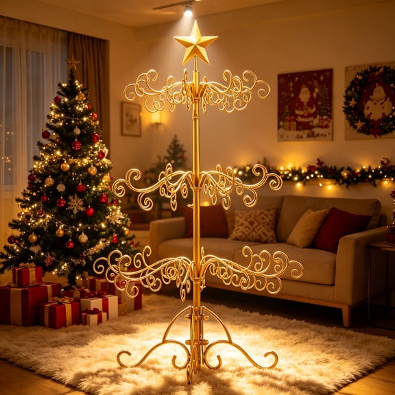 EDOEMSE 3 FT Wrought Iron Christmas Ornament Display Tree Stand, Gold Foldable 3-Tier Spiral Holiday Decor Hanger for Ornaments, Cards, Stockings, Indoor & Outdoor