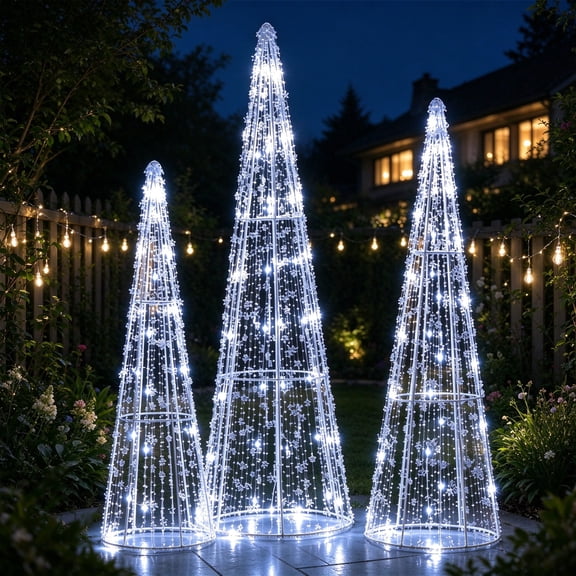 EDOEMSE 3 Pack Pre-Lit Christmas Cone Trees with 90 Warm White LEDs, Waterproof Metal Frame for Indoor Outdoor Holiday Yard Decor