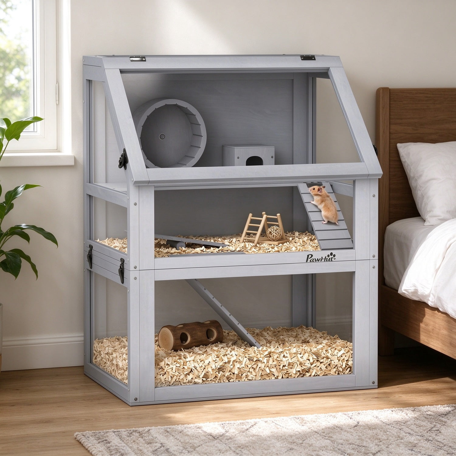 Exercise Wheel 4 EDOEMSE 3 Tier Wooden Hamster Cage with Detachable Bottom, Hut, Seesaw ...