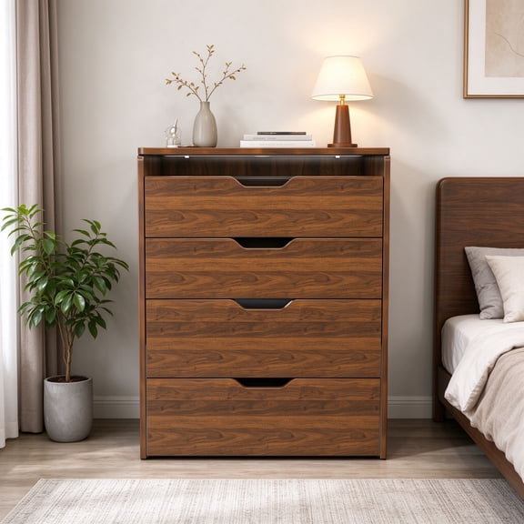 EDOEMSE 3-in-1 Vanity Desk with Lighted Flip-Top Mirror & Stool, Compact Storage for Bedroom, Walnut Veneer, 23.62" L