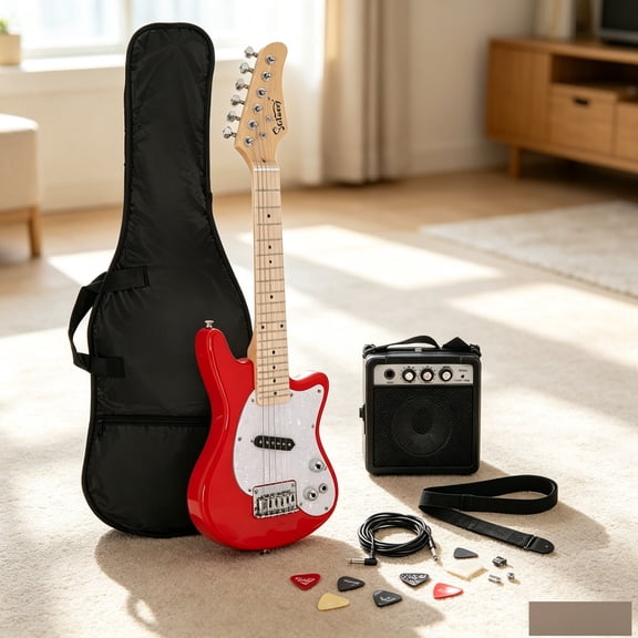 EDOEMSE 30in Maple Fingerboard Mini Electric Guitar Kit in Red Maple Body Stringed Instrument with Bag, Strap, Amplifier, Wrench for Beginners, Students and Professionals