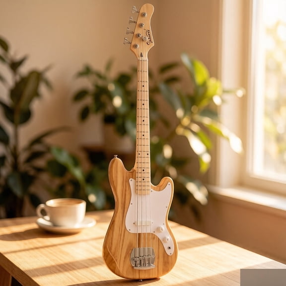 EDOEMSE 4 String 30in Short Scale Thin Body GB Electric Bass Guitar in Burlywood Basswood Body Stringed Instrument with Bag, Strap, Wrench, Connector for Beginners, Students and Professionals