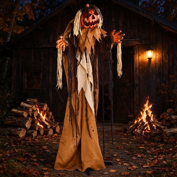 EDOEMSE 5.5 Foot Pumpkin Man Animatronic with Sound Triggered Turning Head, Red LED Glow and Spoken Line, Freestanding Battery Operated Figure