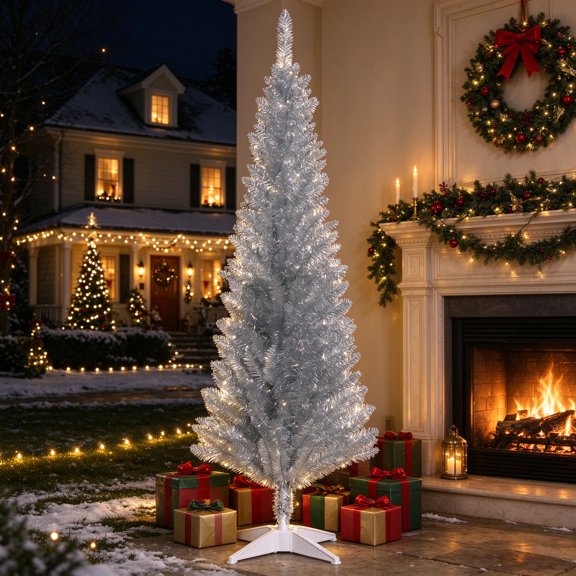 EDOEMSE 5ft Unlit Pencil Artificial Christmas Tree with Realistic Branches and 294 Tips, Plastic Base, Gray