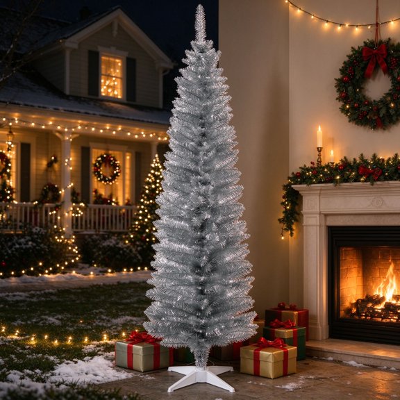 EDOEMSE 6' Artificial Pencil Christmas Tree, Slim Christmas Tree with 390 Realistic Branch Tips and Plastic Stand, Silver