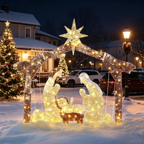 EDOEMSE 6FT Lighted Nativity Scene Yard Decoration, Brown Roof Garden Jesus Christmas Display with 190 LED Lights for Outdoor Holiday Lawn Decor