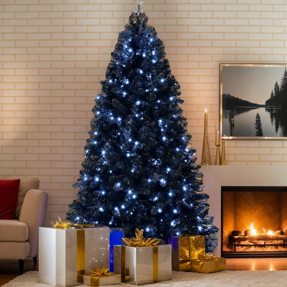 EDOEMSE 7FT Artificial Black LED Lit Christmas Tree, 1916PE/PVC Mixed Branch Tips, Hinged Premium Foldable Base for Indoor Decor, Ideal for Holiday Season, High Quality & Easy Setup