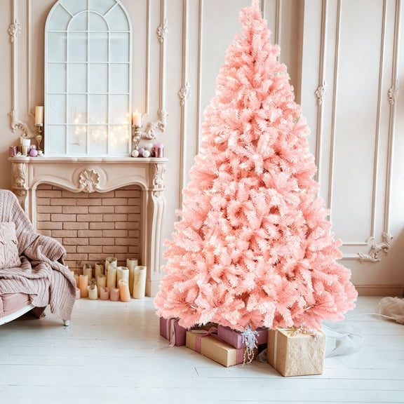 EDOEMSE 7FT Artificial Christmas Tree, 1400 Branch Tips Pink PVC Hinged Pine Tree with Iron Base for Holiday Home Party Decor