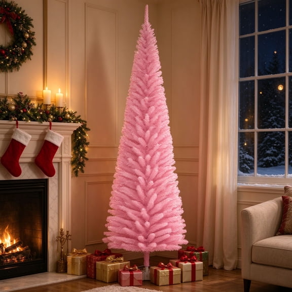 EDOEMSE 7ft Unlit Pencil Artificial Christmas Tree with Realistic Branches and 499 Tips, Plastic Base, Pink