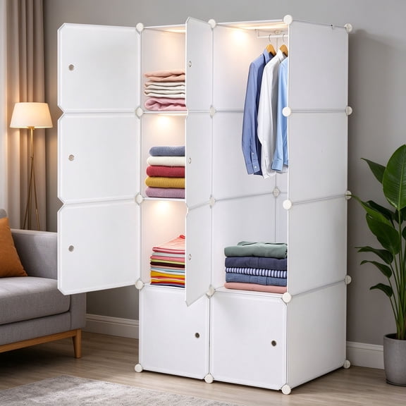 EDOEMSE 8-Cube Stackable Plastic Cube Storage Organizer with Hanging Rod, White ABS Connectors PP Panels & Rust-Proof Steel Frame Modular Closet Cabinet, 56.7" H