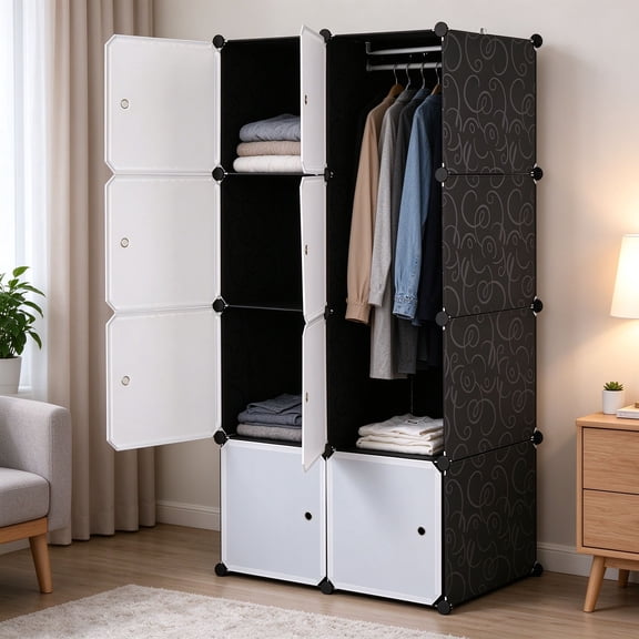 EDOEMSE 8-Cube Stackable Plastic Cube Storage Organizer with Hanging Rod, White Doors & Black Panels Modular Closet Cabinet, 27.6" L x 17.7" W x 56.7" H