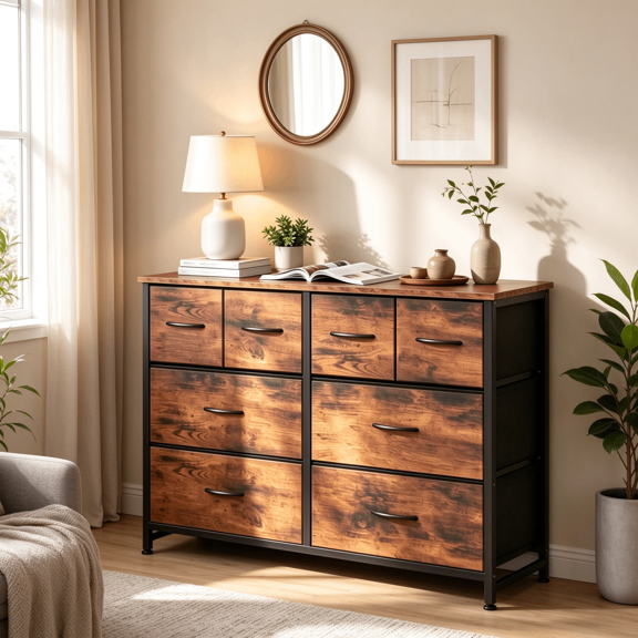 EDOEMSE 8-Drawer Fabric Storage Tower with Metal Frame, Wide Wood Top, TV Stand, for Bedroom Living Room, Rust Brown