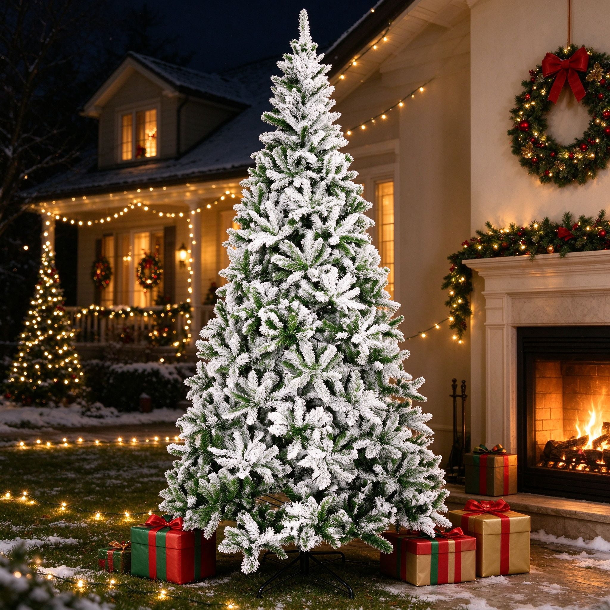 Tsll Tree EDOEMSE 9' Tall Unlit Snow Flocked Pine Artificial Christmas Tree with ...