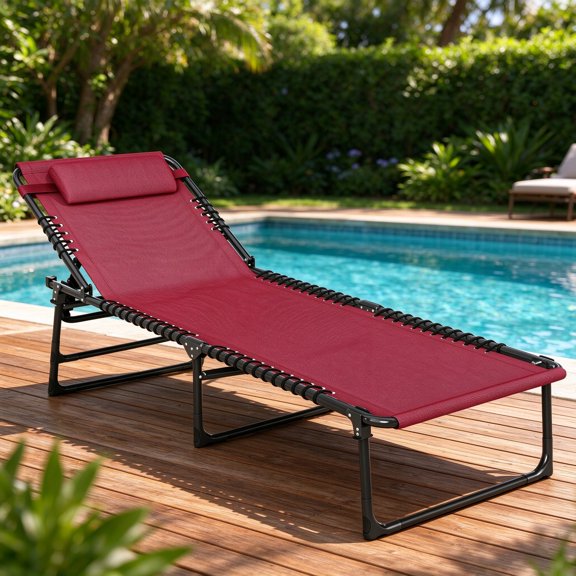 EDOEMSE Comfy Folding Chaise Lounge Pool Chair with 4-Position Reclining Back, Pillow, Breathable Mesh & Bungee Seat, Wine Red