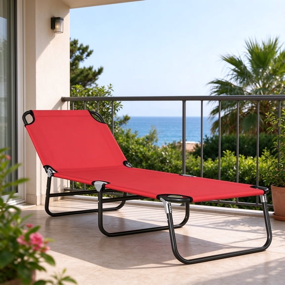 EDOEMSE Comfy Folding Chaise Lounge Pool Chairs, Outdoor Sun Tanning Chairs with 5-Level Reclining Back, Steel Frame for Beach, Yard, Patio, Red