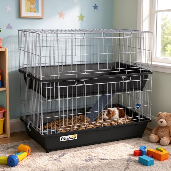 EDOEMSE Cozy 2-Tier Small Animal Cage with 2 Doors, Trays, Dish, Bottle, and Ramp for Bunny, Ferret, Chinchilla, Black