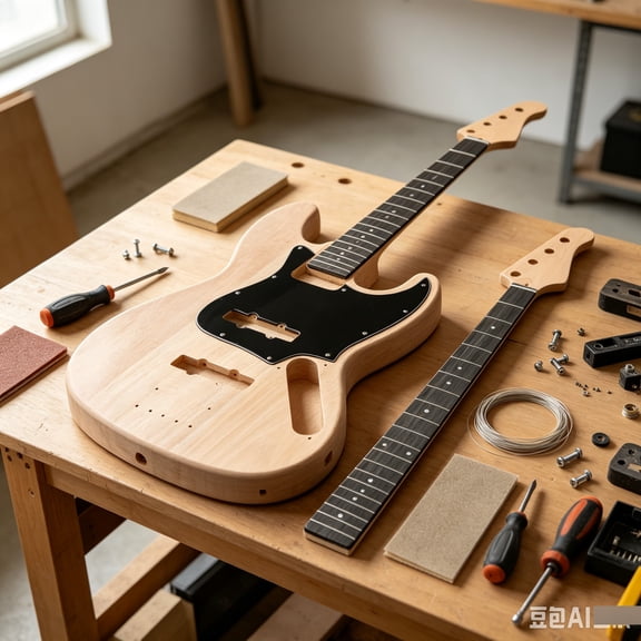 EDOEMSE DIY 4 String Jazz Style Electric Bass Guitar Kits in burlywood Mahogany Body Stringed Instrument for Beginners, Students and Professionals