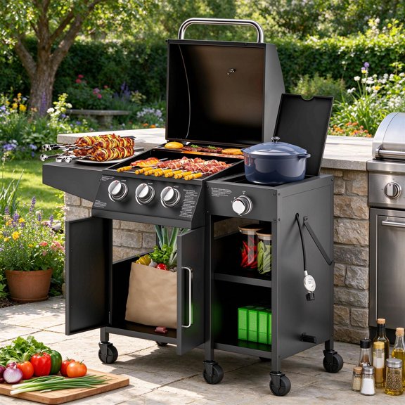 EDOEMSE Deluxe 3 Burner Propane Gas Grill with Side Burner Barbecue Grill with Shelves, 9.5 KW Output, 310 Sq. in. Cooking Area