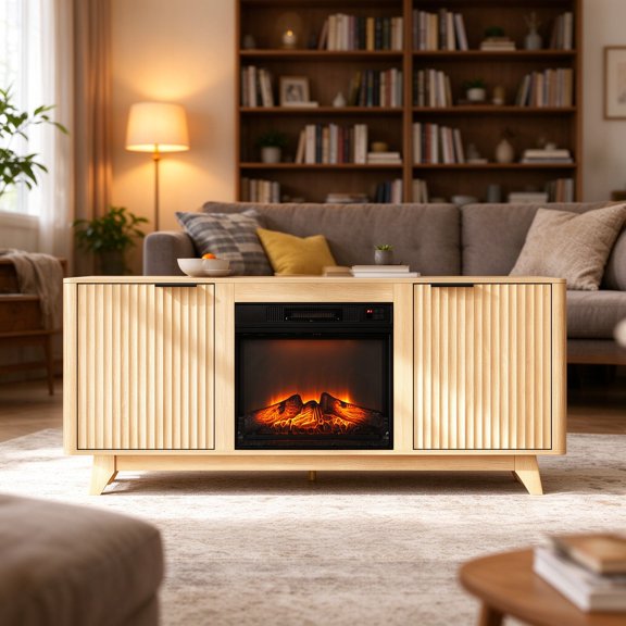 EDOEMSE Embossed Particle Board Fireplace TV Stand Media Console with 18 Inch Insert and Double Grid Doors