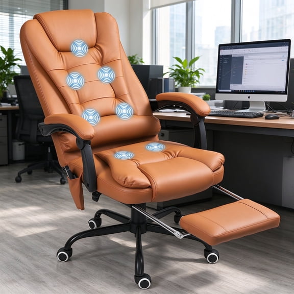 EDOEMSE Ergonomic 7-Point Vibrating Massage Office Chair High Back Massaging Office Desk Chair with Lumbar Support, Footrest, Light Brown
