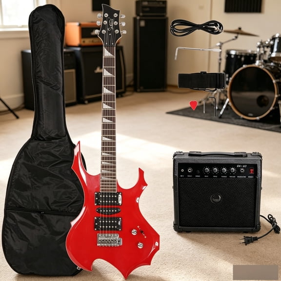 EDOEMSE Flame Shaped Electric Guitar in Red Stringed Instrument with Bag, Strap, Picks, Wrench for Beginners, Students and Professionals