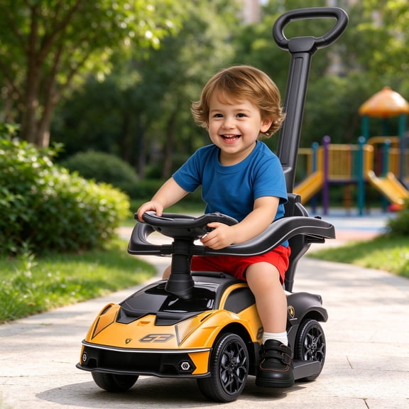 EDOEMSE Fun 2-in-1 Ride On Push Car for Toddlers 1-3, Licensed Lamborghini Stroller Sliding Car, Orange