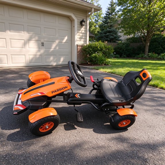 EDOEMSE Fun Kids Pedal Go Kart, Outdoor Ride on Toys with Adjustable Seat, Sharp Handling, Handbrake, 4 Non-Slip Rubber Wheels for Boys & Girls Aged 5-12 Years Old, Orange
