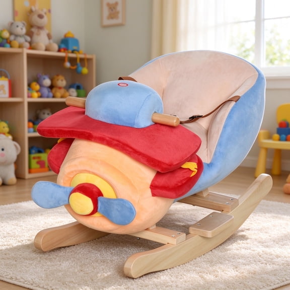 EDOEMSE Fun Kids Rocking Horse, Wooden Plush Ride-on Plane Chair Toy with Lullby Song and Seat Belt for 18 Month +