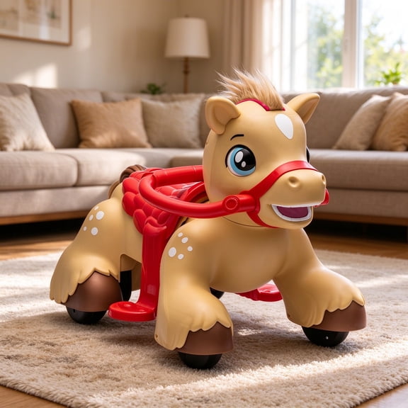 EDOEMSE Fun Ride On Horse Toy, 12V Battery Powered Ride on Toy with Carrot Toy, Comb and Sound, Electric Rocking Horse for Toddlers