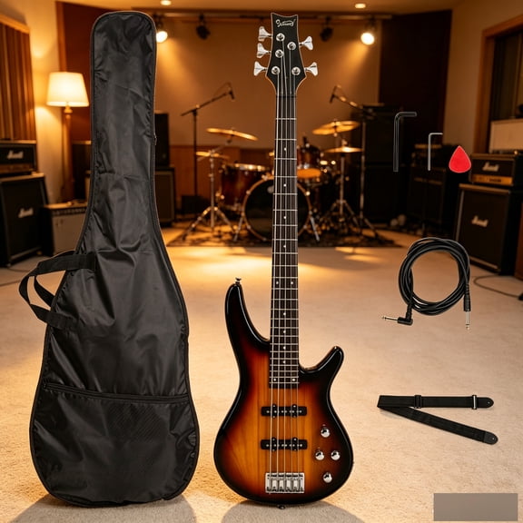 EDOEMSE GIB Electric 5 String Bass Guitar Full Size Bag Strap Pick Connector Wrench Tool in Sunset Stringed Instrument with Bag, Strap, Pick, Wrench for Beginners, Students and Professionals