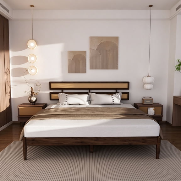 EDOEMSE King Size Bohemian Wooden Bed with Dual Rattan Headboards, Dark Walnut Painted Pine Wood Frame, 84.06" L x 78.35" W x 42.13" H