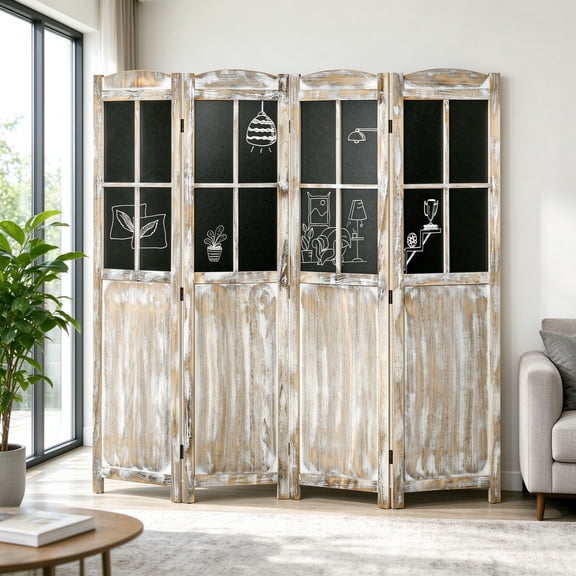 EDOEMSE Modern 4 Panel Room Divider, 5.6' Tall Farmhouse Style Folding Indoor Portable Wood Privacy Screen with Black Boards, Hinged Freestanding Partition Wall Dividers for Home Office, Natural